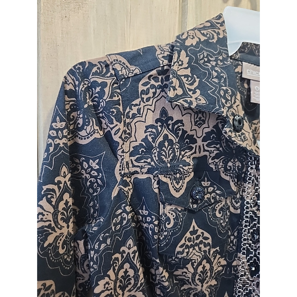 Chicos Black&Tan Jacket Sz 0 Brocade Shacket Jean Style Casual, NWOT - Picture 3 of 13